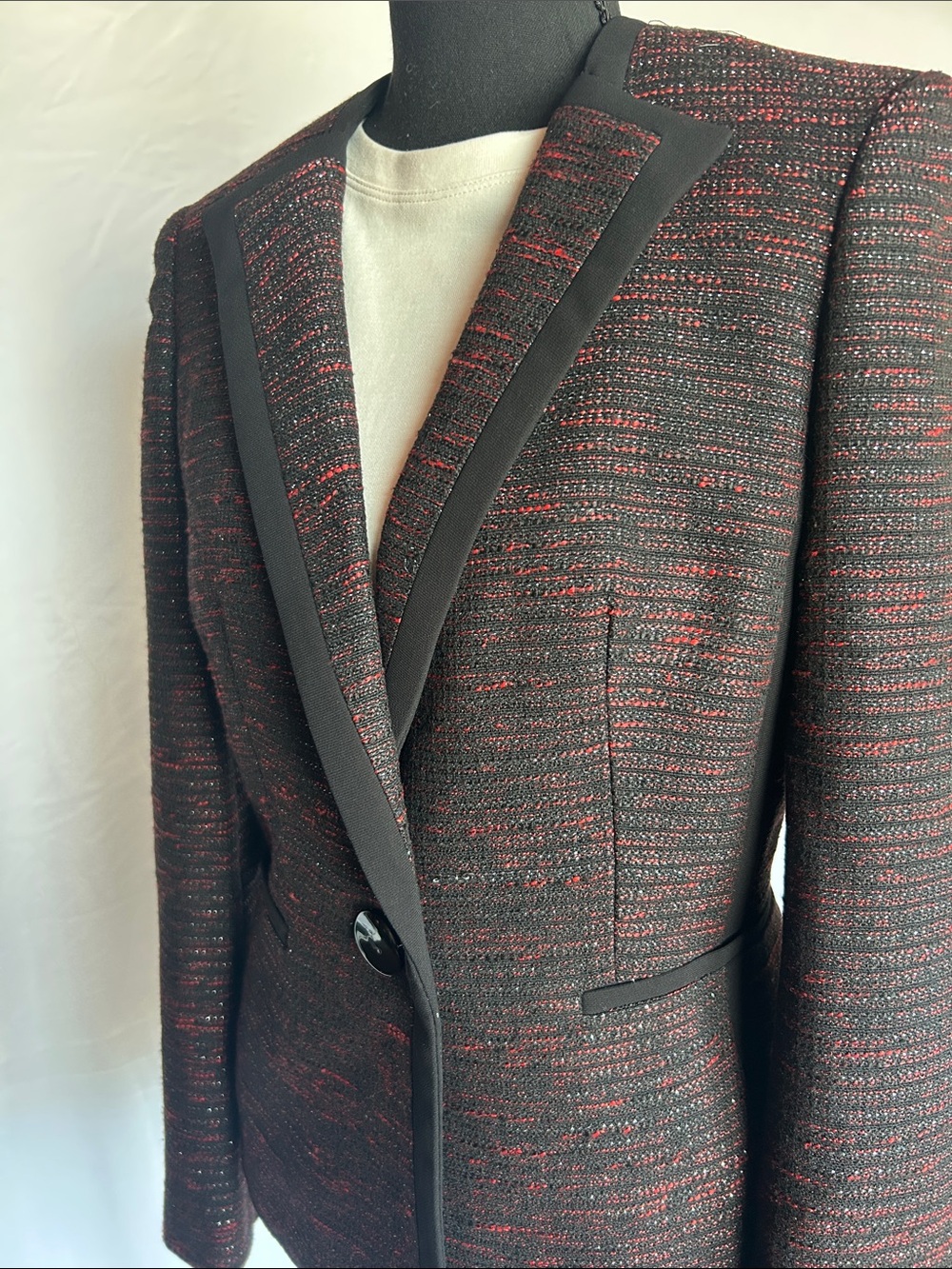 Kasper Black and Red Tweed Blazer with Satin Trim